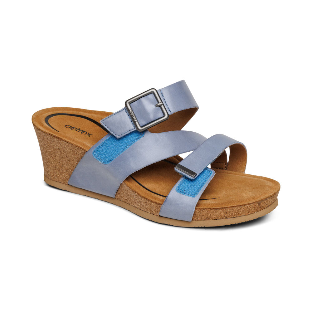 Aetrex Women's Kimmy Arch Support Wedge Sandals - Blue | USA 68UDF8Z